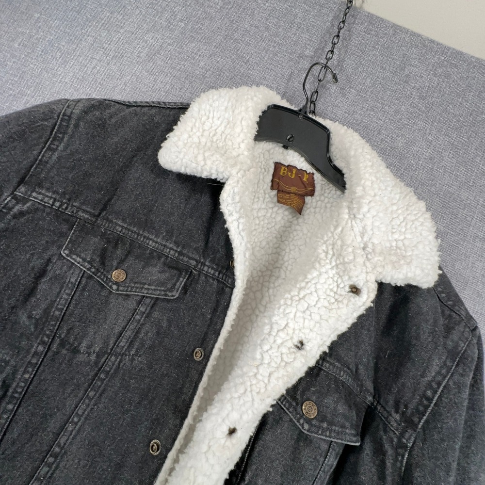Vintage 90s BJ-R Denim Trucker Jacket Mens Large Black Sherpa Lined Acid Wash